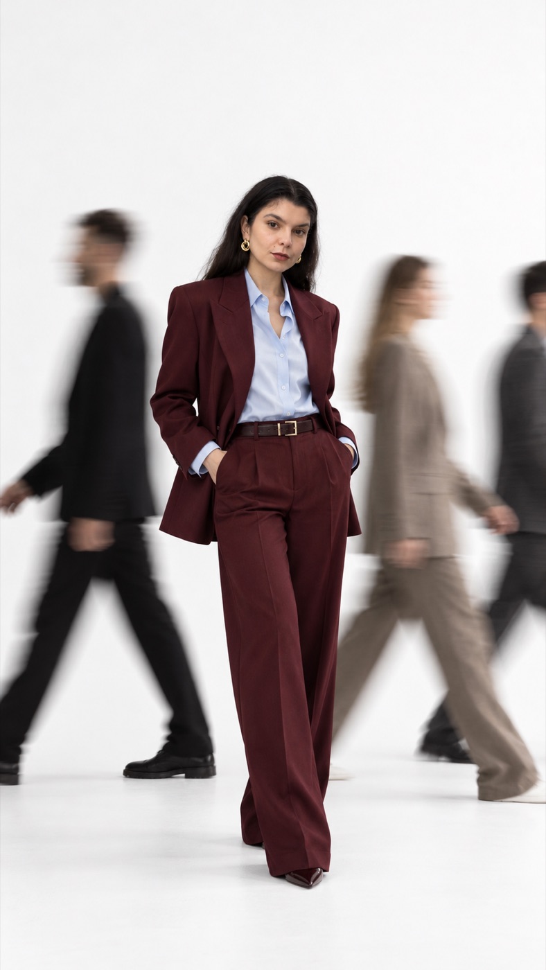 Corina Cuiban en tailleur bordeaux, nette au milieu d'une foule floue