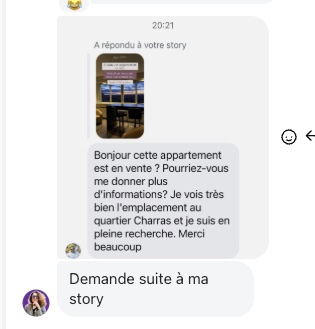 Message reçu : « Cet appartement est en vente ? Je vois très bien l'emplacement, je suis en pleine recherche »