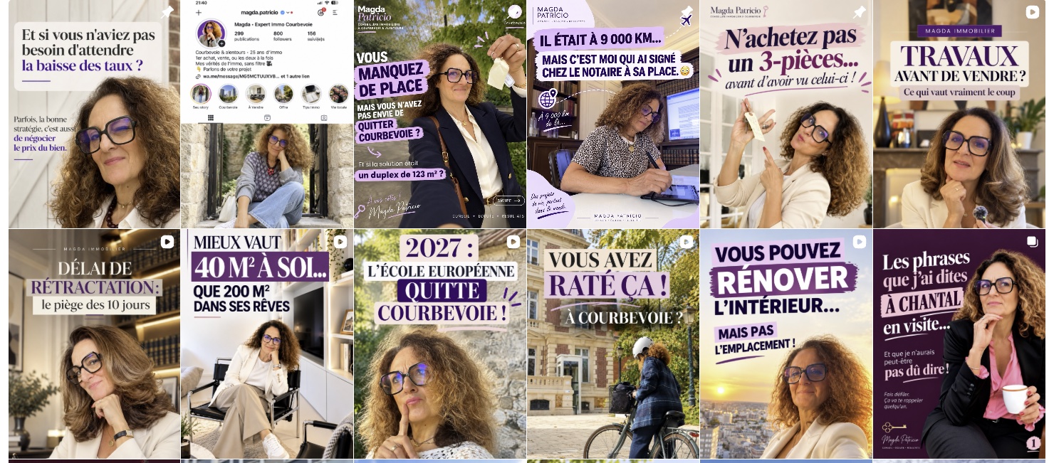 Le feed Instagram de Magda : carrousels et vidéos sur Courbevoie avec une identité visuelle cohérente